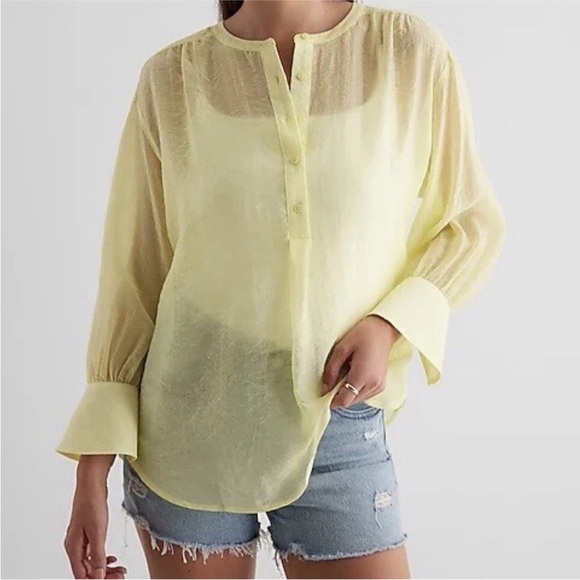 Express Yellow Popover Blouse Semi Sheer Lightweight Lyocell Women’s Size S NWT - Picture 1 of 13
